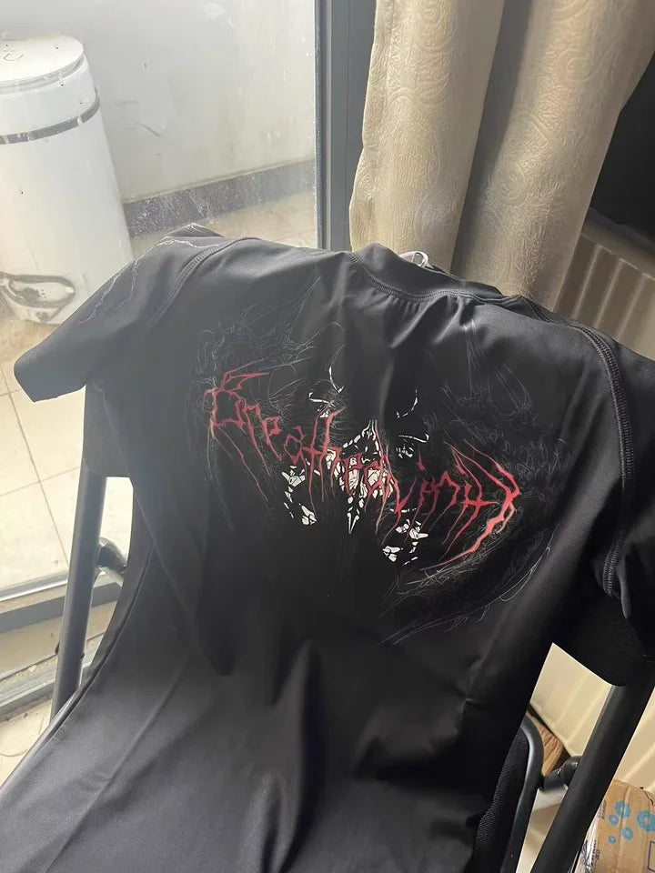 Breathedivinity Compression Shirt Short Sleeve tops Muscle GYM Fitness in Black Wolves Club Y2K