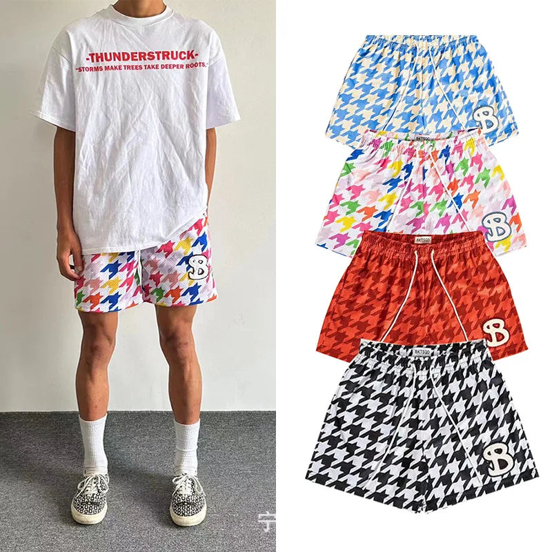 BKTSQD American Checkered Mesh Basketball Shorts Men's 2024 Summer Quick Dry Sports Fitness Running Quick Dry Quarter Pants