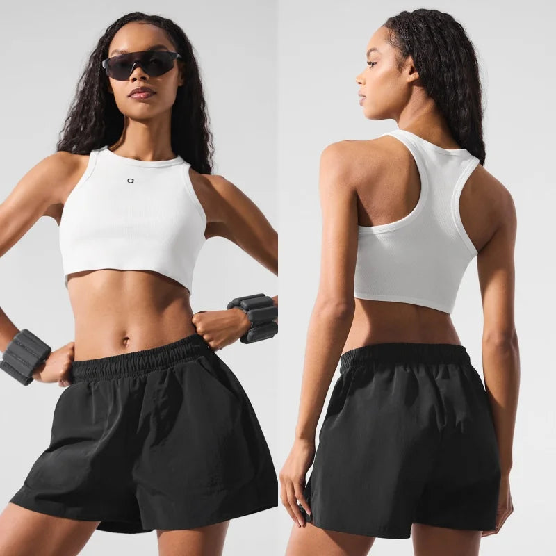 Slim seamless yoga tank top front view on model