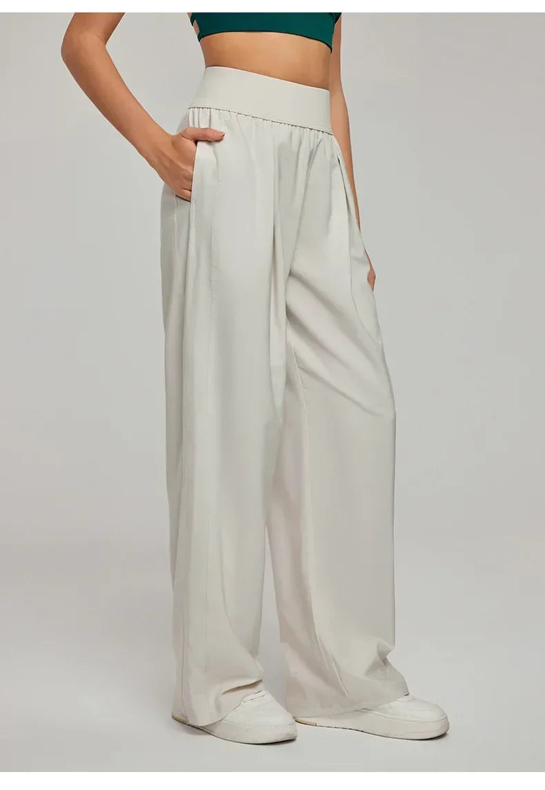 Back view of breathable wide-leg trousers