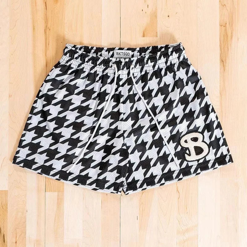 BKTSQD American Checkered Mesh Basketball Shorts Men's 2024 Summer Quick Dry Sports Fitness Running Quick Dry Quarter Pants