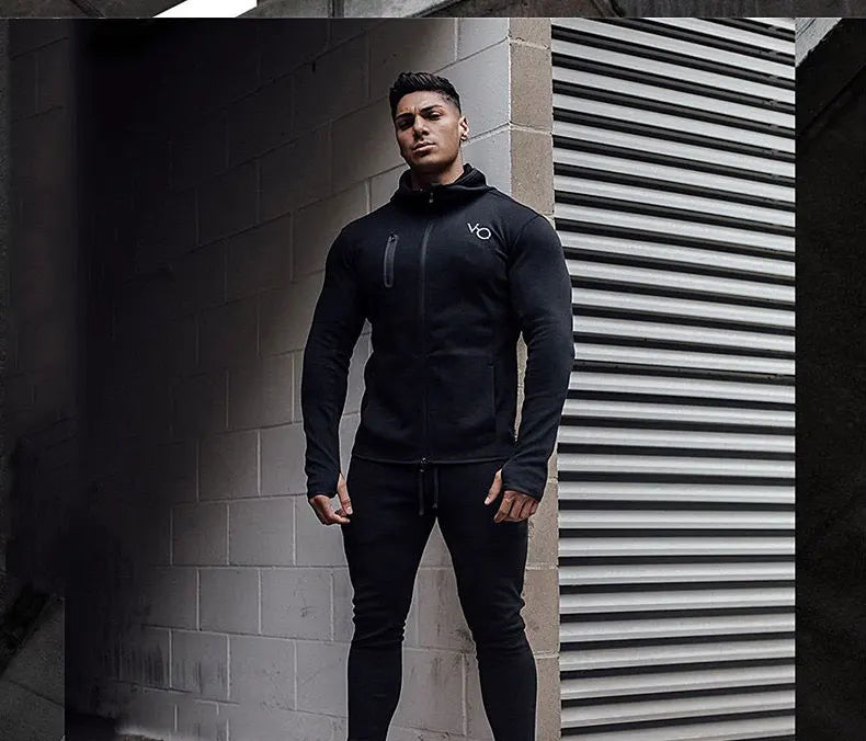 Men's Gym Spring and Autumn Cotton Sports Suit Streetwear Fitness Zipper Jogging Hooded Hoodie Casual Jacket Men Trousers