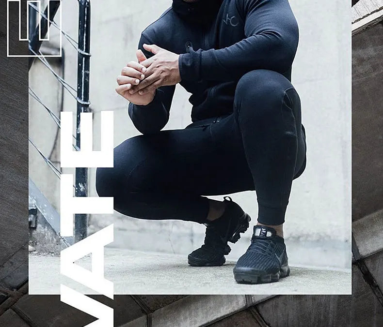 Men's Gym Spring and Autumn Cotton Sports Suit Streetwear Fitness Zipper Jogging Hooded Hoodie Casual Jacket Men Trousers
