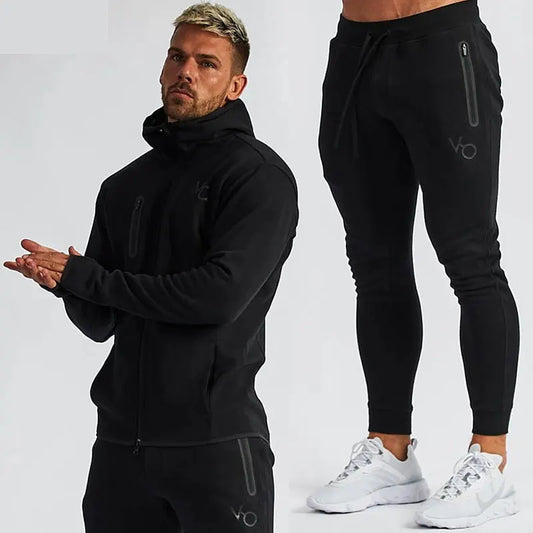 Men's Gym Spring and Autumn Cotton Sports Suit Streetwear Fitness Zipper Jogging Hooded Hoodie Casual Jacket Men Trousers